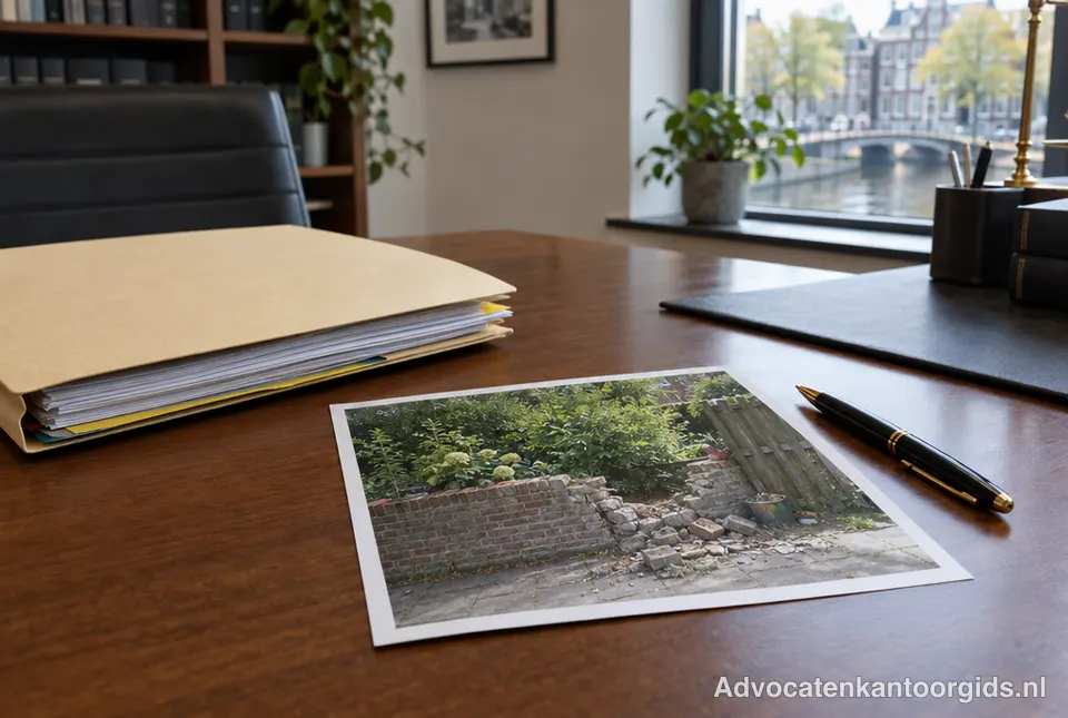 Dossier en foto van een ingestorte tuinmuur op het bureau van een advocaat