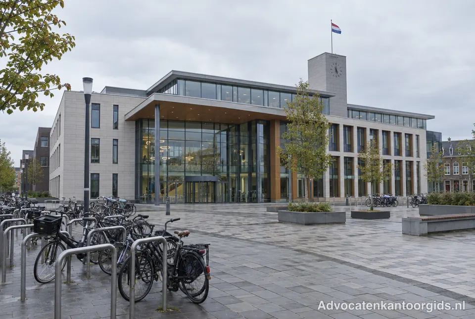 Modern gemeentehuis met fietsen op het plein ervoor