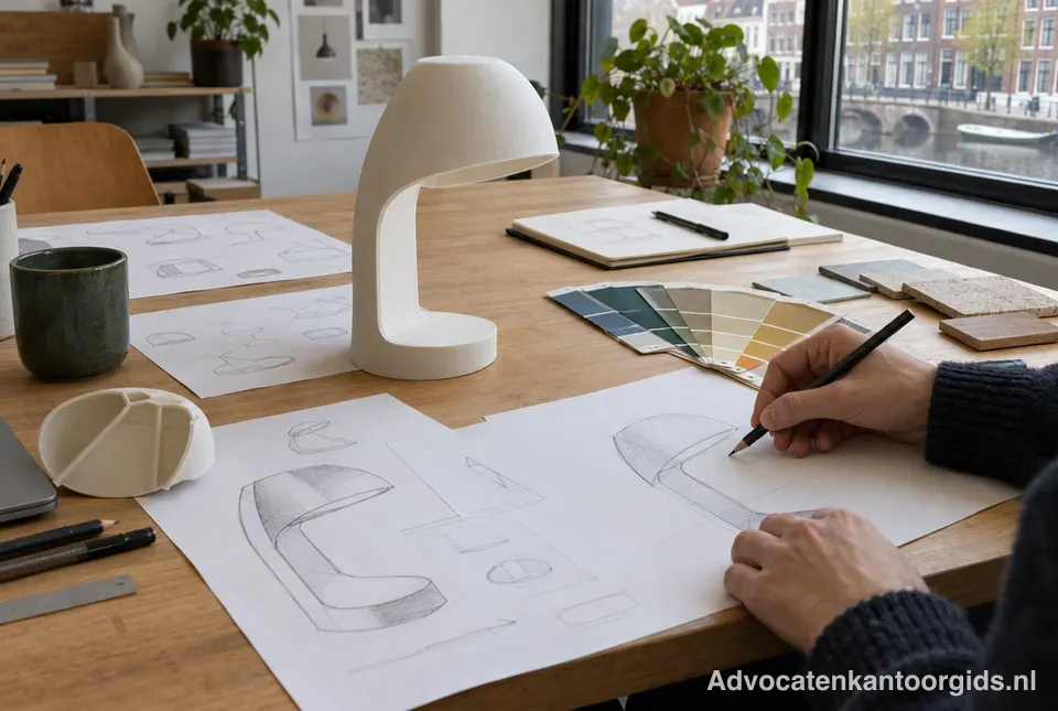 Ontwerper tekent schetsen van een lamp naast het prototype