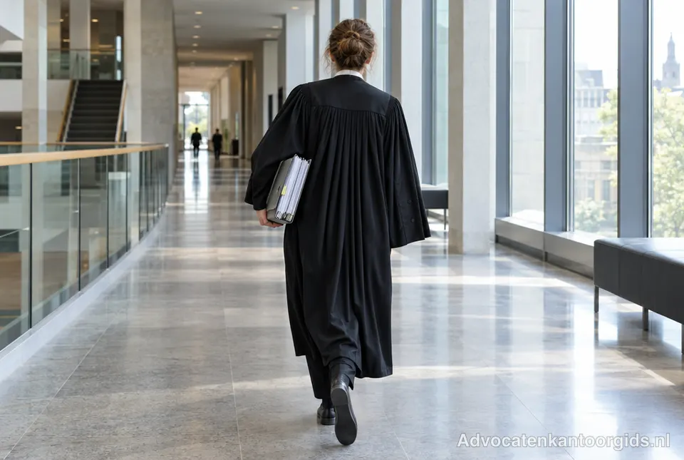 Advocaat in toga loopt met een dossier door de gang van een rechtbank