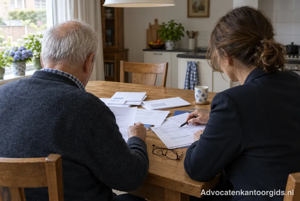 Oudere man en advocaat bekijken brieven en formulieren aan de keukentafel