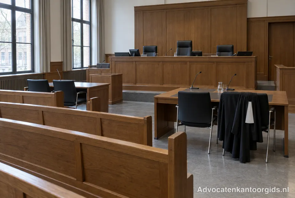 Lege rechtszaal met houten banken en een toga over een stoel