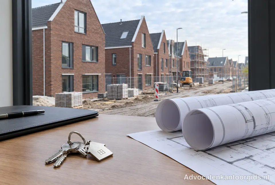 Huissleutels en bouwtekeningen voor een straat met nieuwbouwhuizen