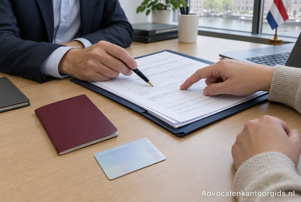 Paspoort, verblijfspas en formulieren op het bureau van een advocaat